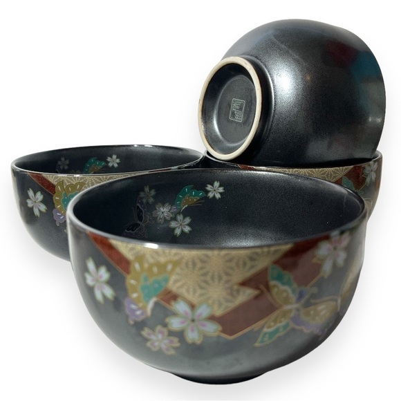 Japanese Pottery Bowl‎ 4pc Floral Butterfly Classic Metallic Color 5” Dinnerware - Picture 5 of 11